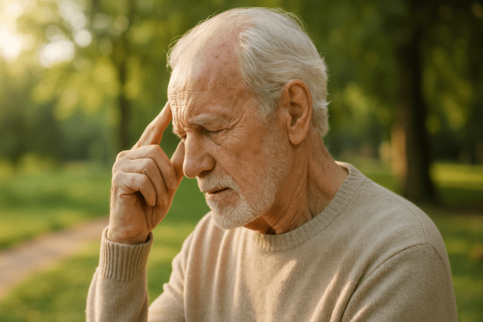 An elderly man sits in a peaceful park during early morning, holding his temple with a pensive expression as soft natural sunlight filters through surrounding trees. This photorealistic scene illustrates the onset of cognitive decline with age and reflects common questions about when mental function begins to shift over time.
