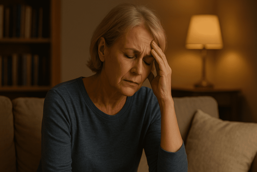 A senior woman in a warmly lit living room rests her head in her hand, reflecting silently on the couch, surrounded by books and a softly glowing lamp. This scene evokes themes of aging and mental clarity, aligning with expert discussions on when cognitive decline may begin.