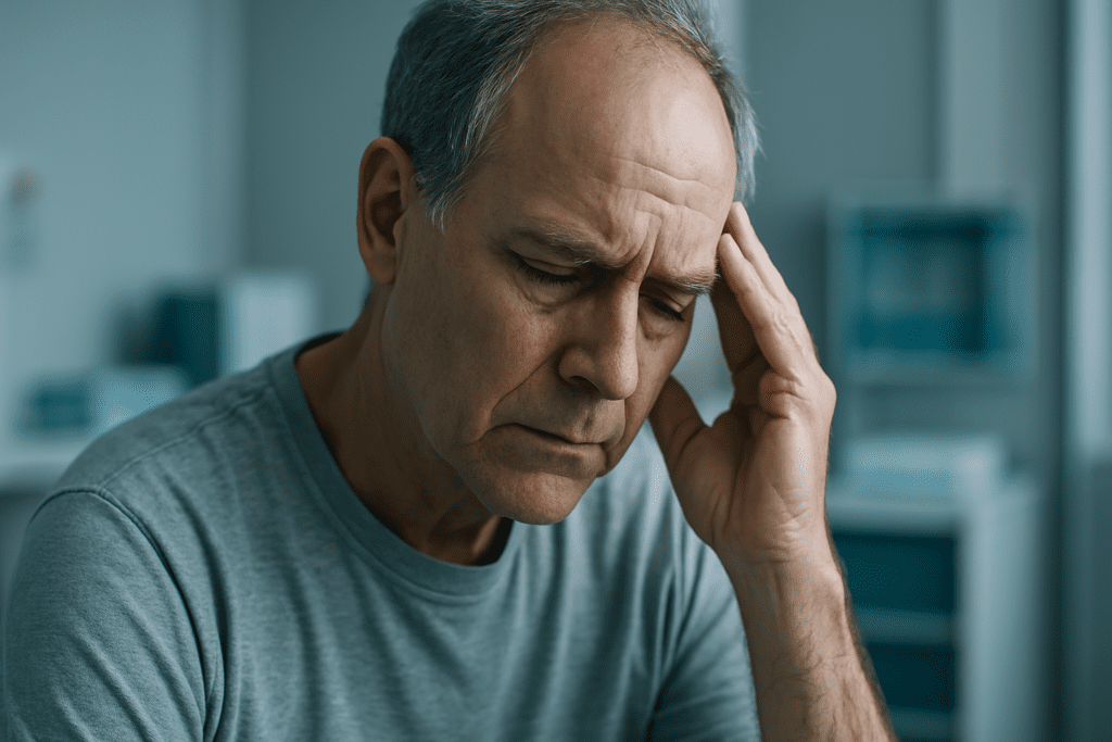 A middle-aged man sits in a cool-toned clinical environment, pressing his temple with a concerned expression as soft, sterile lighting enhances the somber mood. This image reflects expert discussions around the subtle early stages of cognitive decline and aging-related changes in brain function.