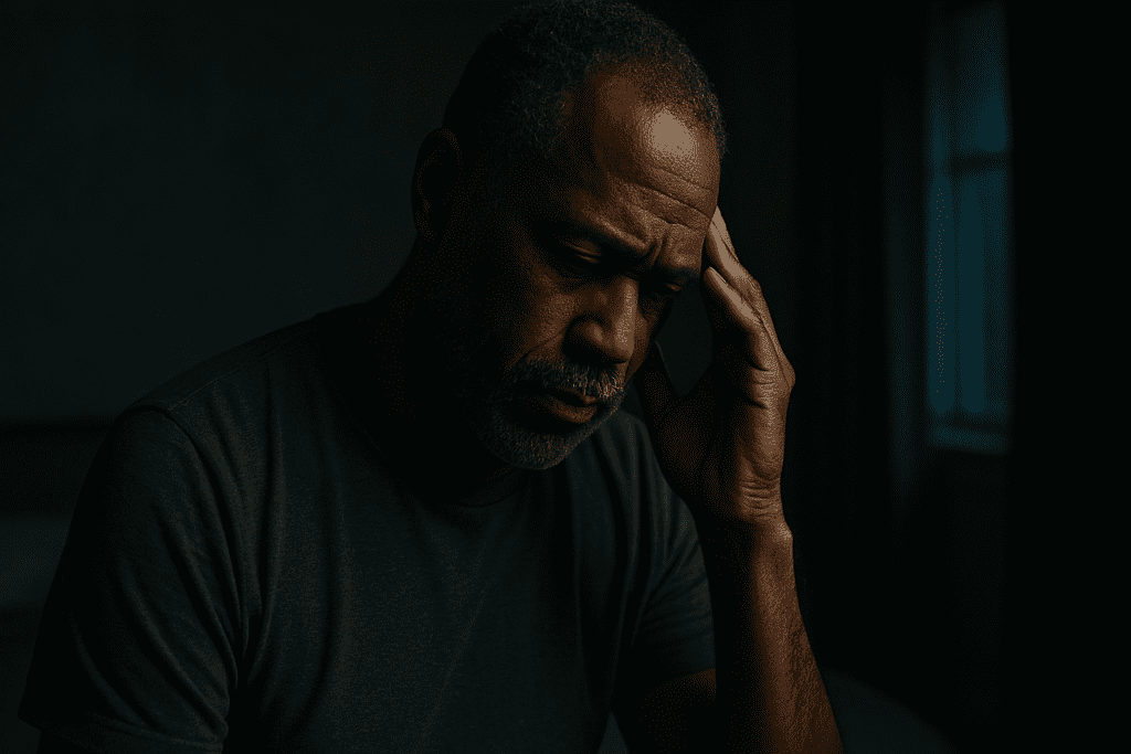 A middle-aged African American man stands alone in a dimly lit room, his expression heavy with thought as shadows fall across his face, conveying the emotional weight of mental fatigue. This moody, photorealistic image reflects themes of cognitive decline and how aging may influence memory and mental sharpness over time.