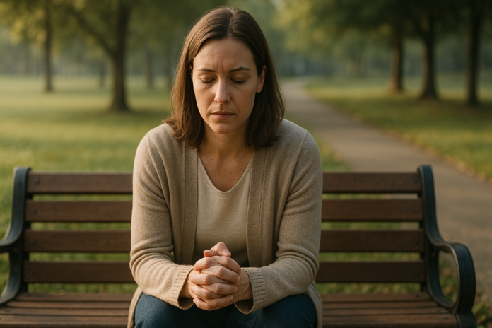 A photograph captures a light-skinned woman with short brown hair sitting alone on a park bench during early morning. She clasps her hands and looks down in quiet contemplation, surrounded by soft natural light and blurred green trees, evoking the therapeutic journey of emotional healing through psychotherapy.