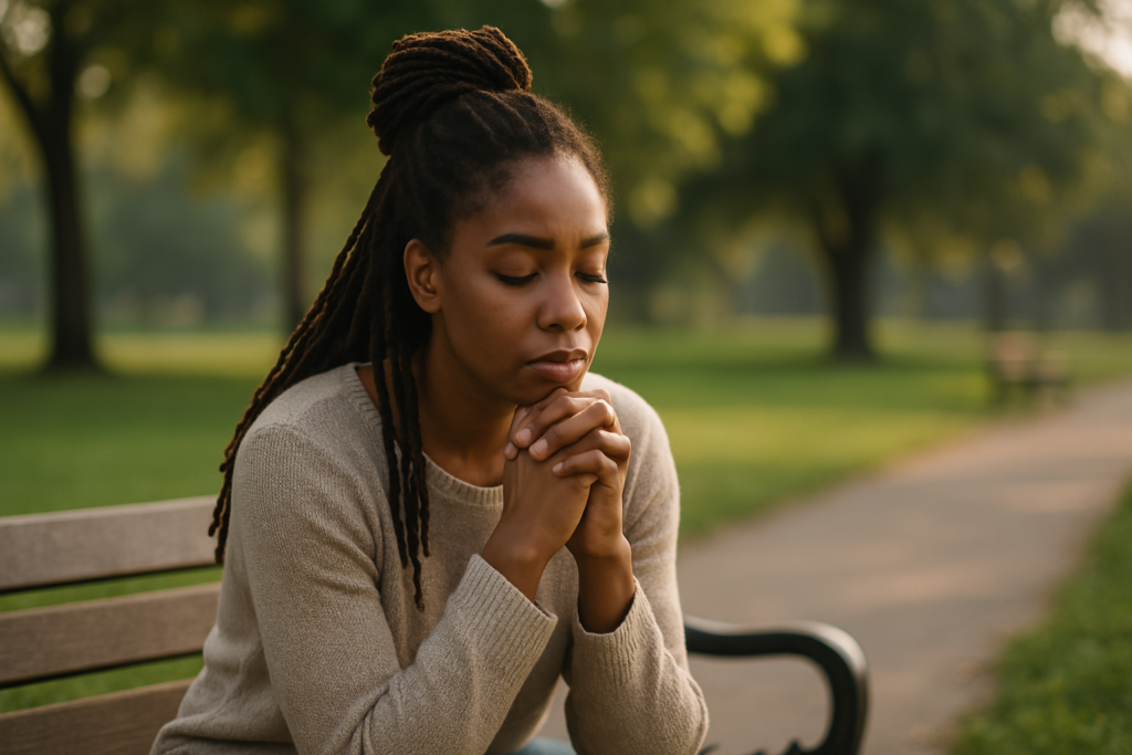 A young African American woman sits alone on a wooden park bench at sunrise, eyes closed and hands clasped in front of her face in a thoughtful, introspective pose. The soft natural morning light and serene outdoor setting reflect the quiet moments of reflection often associated with psychotherapy and mental wellness.