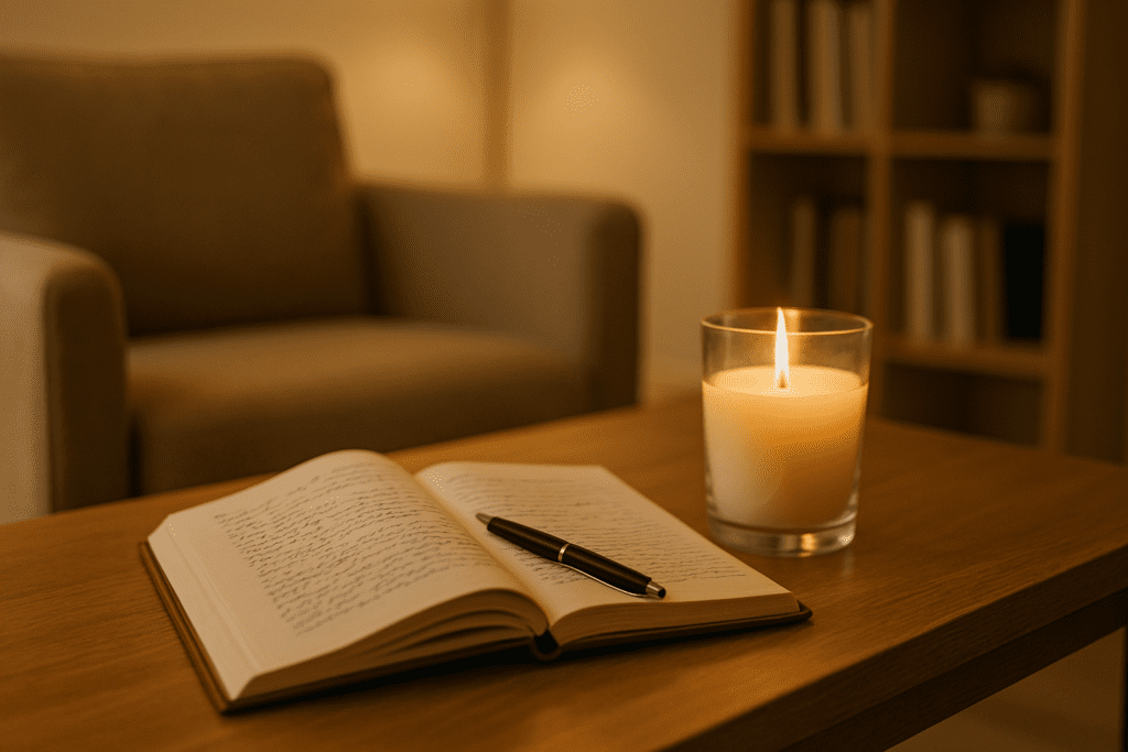 An open notebook with handwritten pages and a pen rests on a wooden coffee table beside a softly glowing candle in a cozy, warmly lit therapy office. The ambient lighting and uncluttered space evoke a calm, introspective mood, symbolizing therapeutic journaling and the mental clarity promoted through psychotherapy.