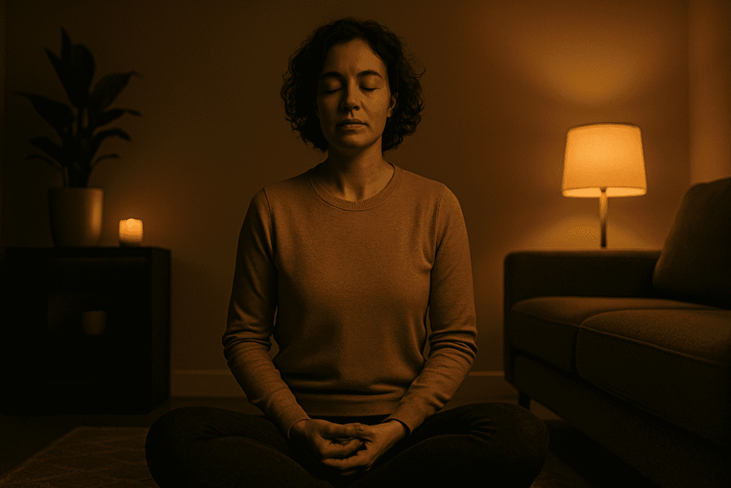 A light-skinned woman sits cross-legged on a rug in a dimly lit room, eyes closed in meditation, with soft moody lighting from a lamp and candle creating a peaceful ambiance. The dramatic shadows and serene posture reflect a psychotherapy-inspired self-care ritual focused on mindfulness and emotional grounding.