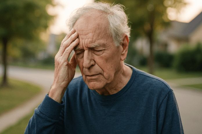An elderly Caucasian man in his late 70s appears distressed as he gently presses his hand to his forehead while standing on a quiet suburban street, captured in soft natural morning light. The image reflects the rising prevalence of dementia and aging-related cognitive issues as seen through real-life expressions and settings.