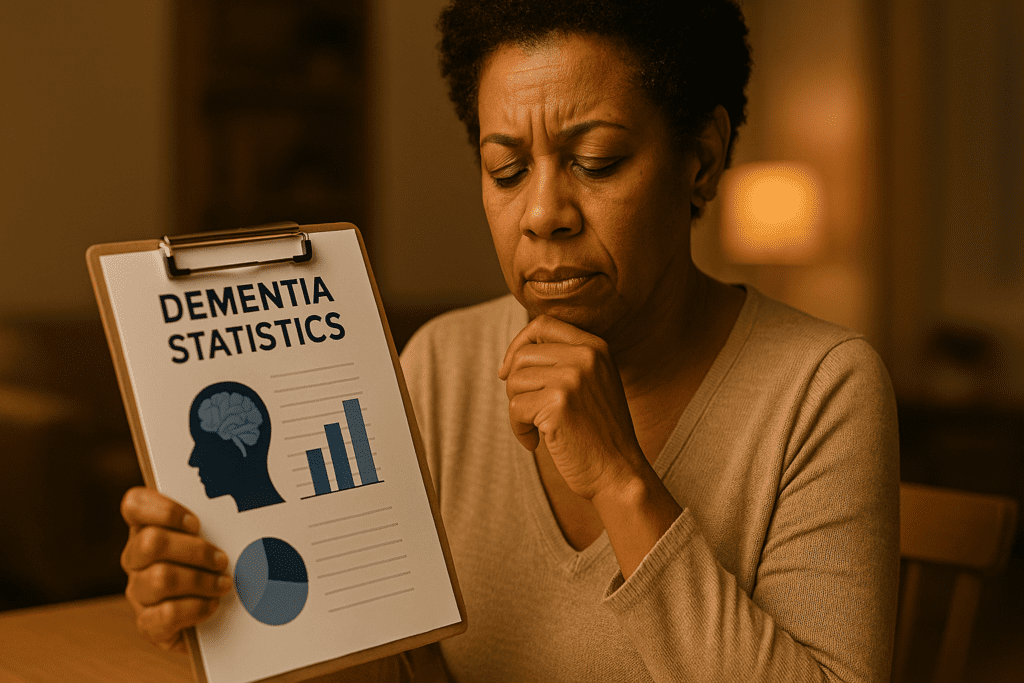 A middle-aged African American woman sits at a table in warm indoor lighting, studying a clipboard labeled "Dementia Statistics" with graphs and a brain icon. Her serious expression and cozy living room setting reflect concern over the growing prevalence of dementia and the importance of understanding dementia data trends.