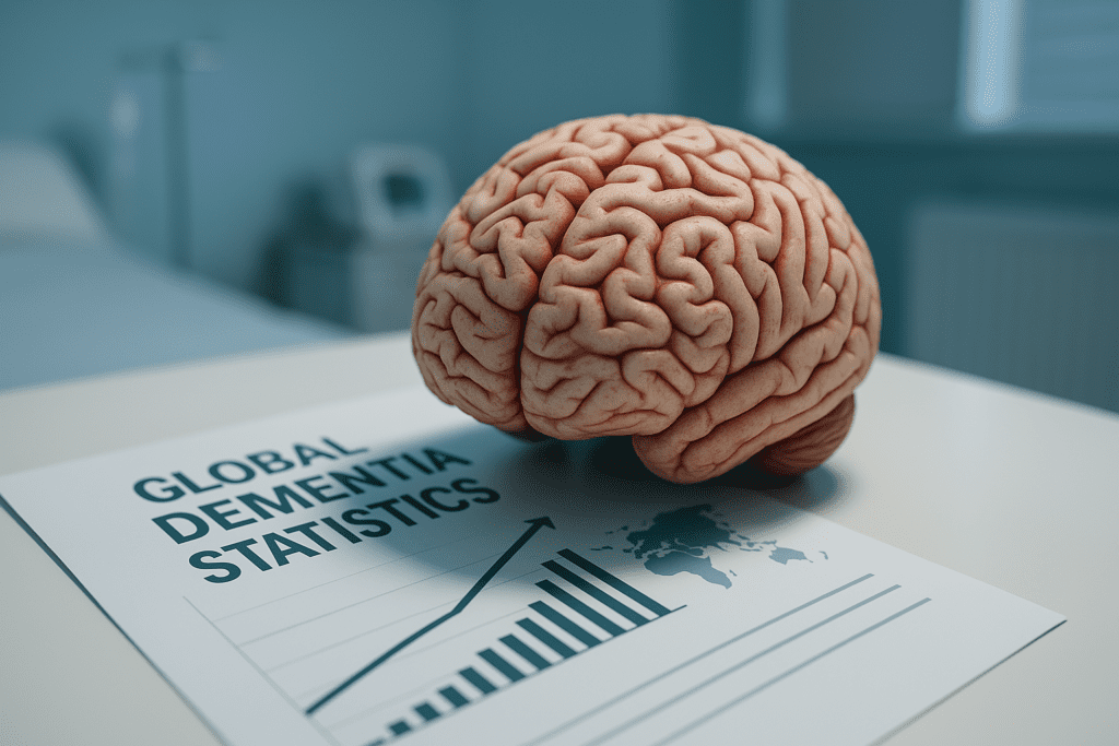 A realistic 3D brain model sits on a clinical table next to a report labeled "Global Dementia Statistics," featuring an upward-trending graph, all lit by cool medical lighting. The image highlights the rising global prevalence of dementia and emphasizes the neurological focus of current health data