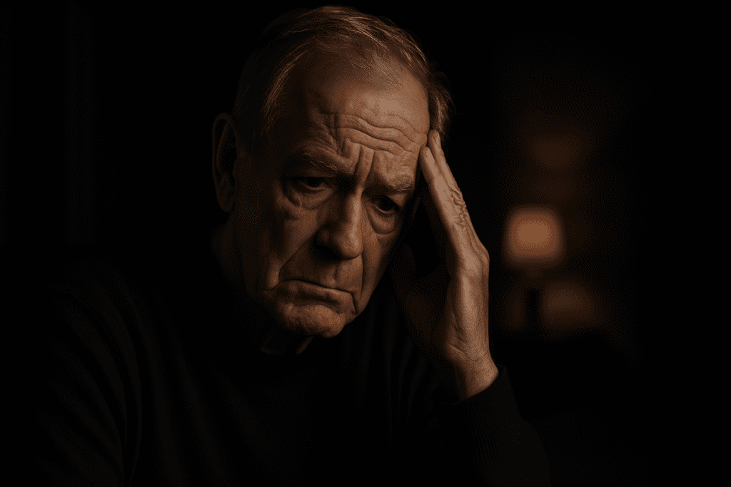 A solemn elderly man sits in a dimly lit room with dramatic shadows cast across his deeply wrinkled face, one hand resting against his temple in a contemplative pose. The moody lighting and introspective atmosphere underscore the emotional weight of rising dementia cases and the mental burden of cognitive decline