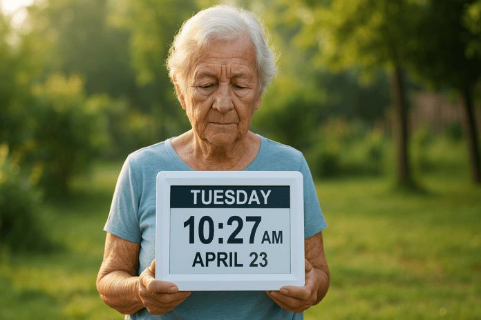 An elderly woman stands outdoors in a sunlit garden holding a large digital dementia clock showing the day, time, and date. This dementia aid image emphasizes memory support tools under soft morning light, ideal for promoting time orientation in patients with cognitive decline.