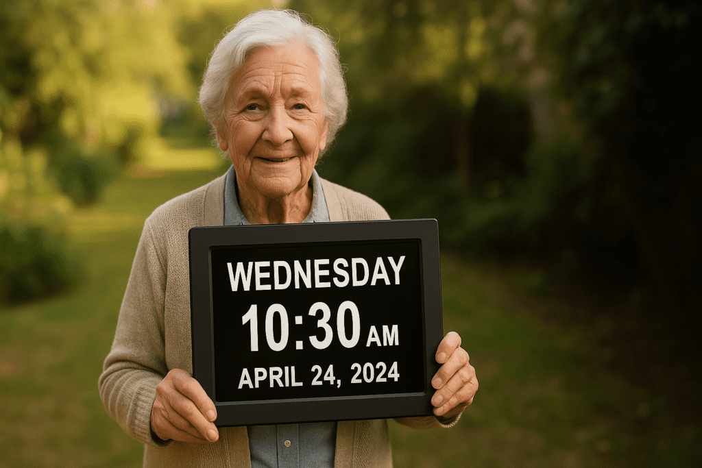 An elderly woman smiles while holding a large digital dementia clock in a sunlit garden, with the time and date clearly displayed. The image highlights one of the best aids for dementia patients, with warm ambient lighting creating a supportive and reassuring atmosphere.