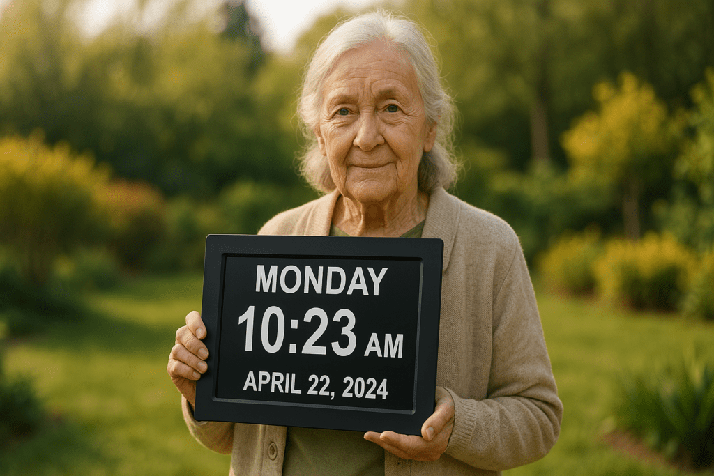 A gentle-faced elderly woman stands in a peaceful garden holding a dementia clock that clearly displays the date and time. This photorealistic image illustrates one of the top dementia products in a calming natural environment, using soft outdoor lighting to convey reassurance and clarity.
