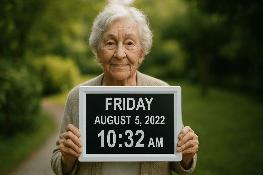 A white-haired elderly woman gently smiles as she holds a large digital dementia clock outdoors, surrounded by greenery. This image emphasizes the importance of dementia-friendly tools for memory support, with soft morning light adding a peaceful and comforting tone.