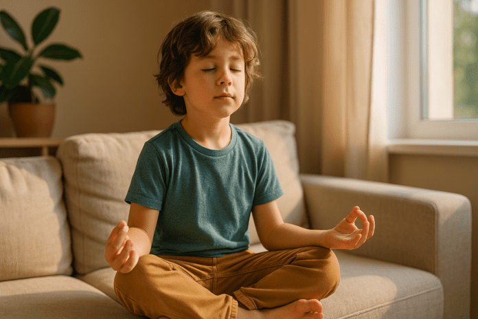 A young boy practices mindfulness meditation in a calm living room, sitting cross-legged on a couch with eyes closed, promoting natural focus and emotional balance as part of holistic ADHD therapy.