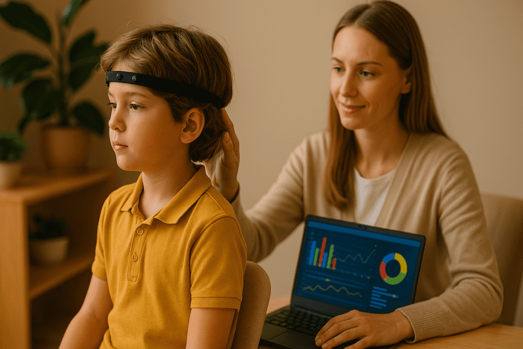 A child undergoes neurofeedback therapy guided by a female practitioner monitoring brainwave activity, demonstrating a non-invasive, evidence-based ADHD treatment for improving concentration in children.