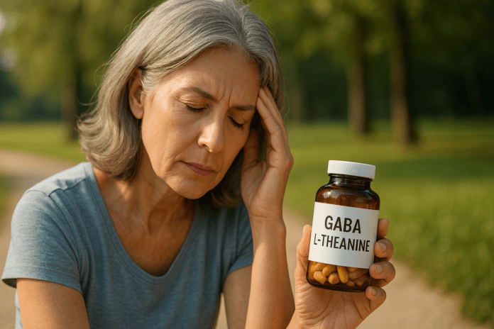 A middle-aged woman with gray hair sits alone in a sunlit park during early morning, holding a GABA L-Theanine supplement bottle while resting her head on her hand in quiet reflection. The soft natural lighting and serene outdoor setting underscore the calming benefits of GABA and L-Theanine for anxiety and their potential role in supporting cognitive longevity.
