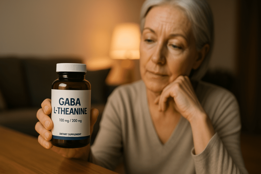 An elderly woman with short white hair sits in her warmly lit living room, holding a GABA L-Theanine supplement bottle and gazing at it thoughtfully. The ambient indoor lighting and cozy setting highlight the calming association between GABA and L-Theanine for anxiety and the possibility of cognitive longevity support.