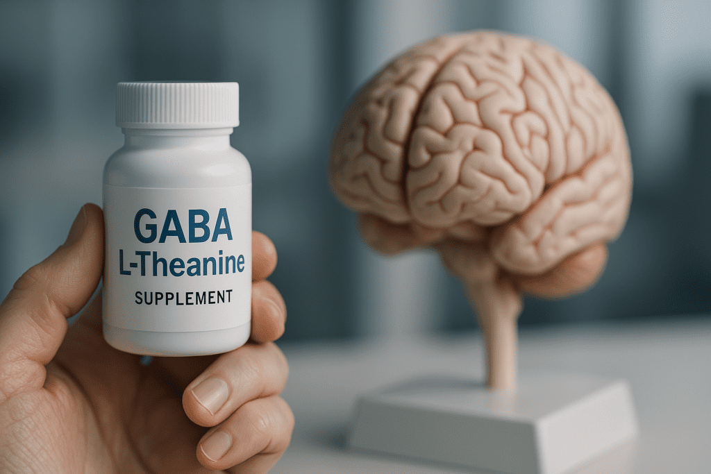 A hand holds a white bottle labeled "GABA L-Theanine SUPPLEMENT" in a cool-toned clinical setting, with a detailed anatomical brain model on a stand in the background. The scientific context and sterile lighting emphasize the cognitive benefits of GABA and L-Theanine for anxiety and long-term brain health.