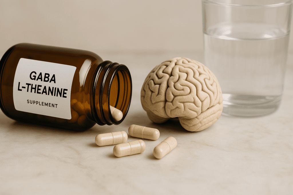 A close-up image of a GABA and L-Theanine supplement bottle with capsules scattered beside a beige brain-shaped model and a clear glass of water. The soft natural lighting and clean background highlight the connection between GABA L-Theanine supplements and cognitive longevity.