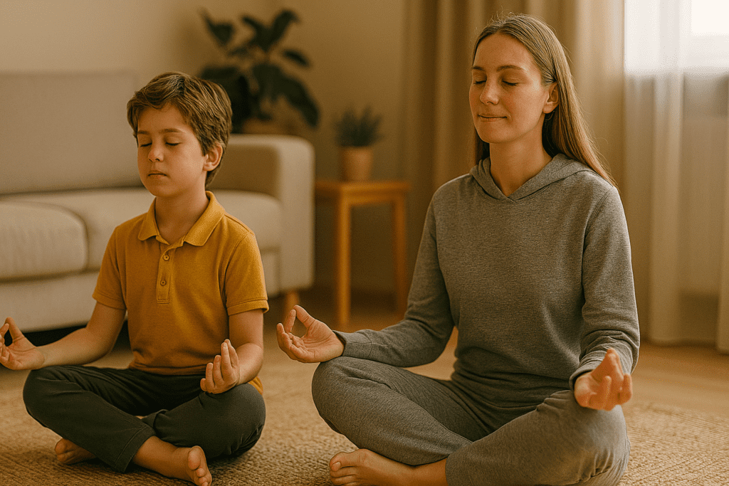 A mother and her young son practice yoga together in a serene home setting, highlighting the benefits of movement-based mindfulness for enhancing focus and emotional regulation in children with ADHD.