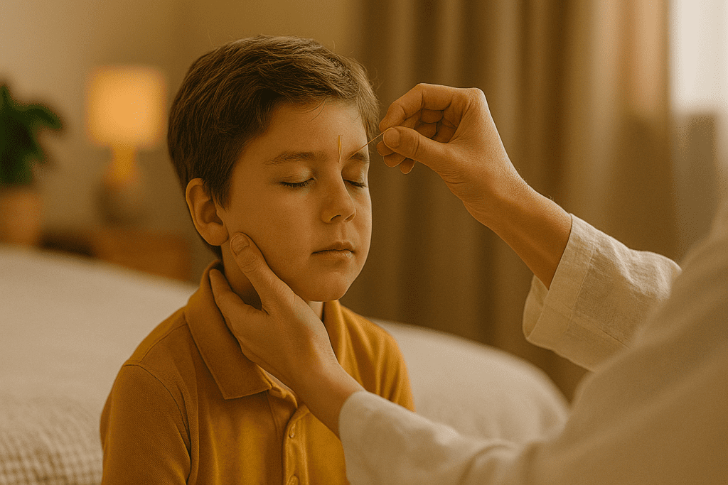 A young boy receives a gentle acupuncture treatment in a softly lit room, illustrating an alternative therapy used to support brain health and reduce ADHD symptoms through traditional healing method