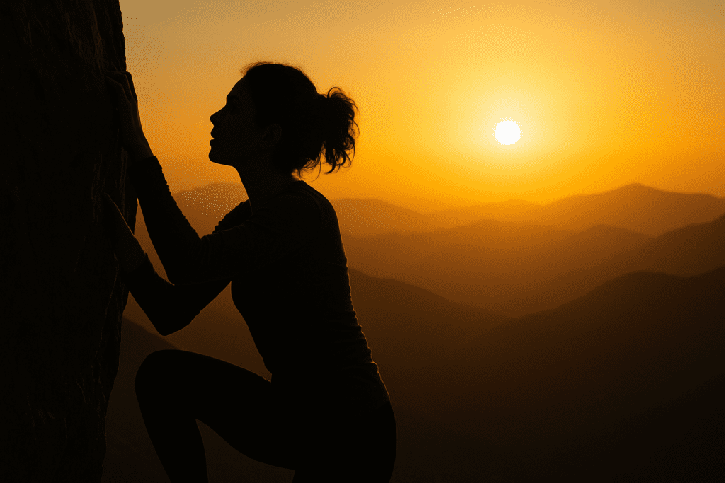 Silhouette of a woman rock climbing at sunset, symbolizing resilience, determination, and the psychological strength to overcome challenges.