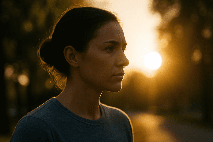 Focused woman standing in sunlight with a calm expression, representing mental resilience, emotional control, and inner strength during adversity.
