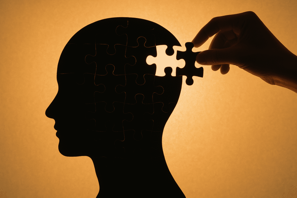ilhouette of a human head made of puzzle pieces with a hand inserting the final piece, illustrating brain science and psychological integration of resilience.