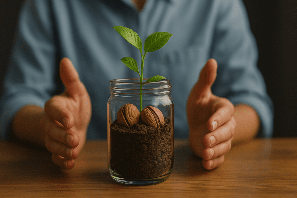 Hands surrounding a glass jar with a sprouting plant growing from walnut shells, depicting growth, nurturing habits, and the foundational elements of resilience.