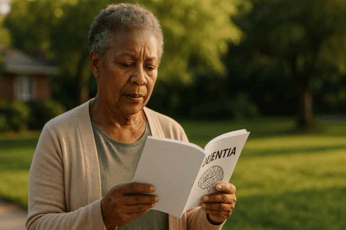 An older African American woman stands outdoors in soft morning light, reading a dementia education booklet with focused attention. Surrounded by a quiet suburban landscape, the scene reflects the empowering role of client education for dementia in supporting cognitive awareness and family preparedness.