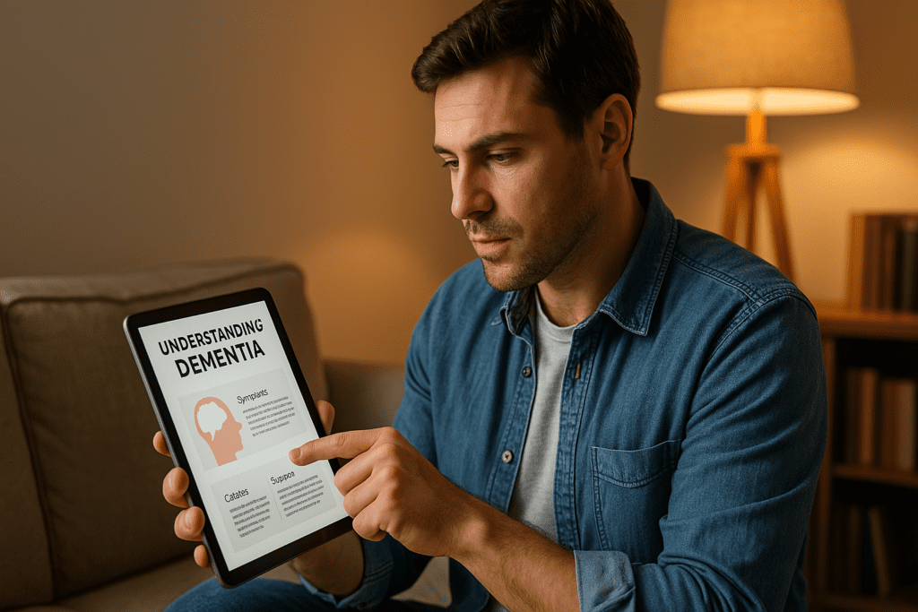 A man in his mid-30s sits on a beige sofa in a warmly lit living room, intently reading dementia education material on a digital tablet. The cozy setting and ambient lighting emphasize how digital tools and client education for dementia can empower family members to better understand cognitive health.