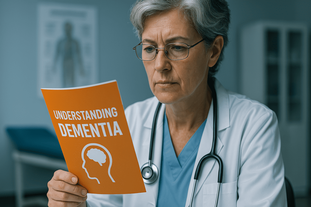 A middle-aged female doctor in a cool-lit medical office closely reads an "Understanding Dementia" pamphlet, her expression serious and thoughtful. The clinical setting and educational focus highlight the importance of healthcare professionals promoting dementia patient education for better outcomes.