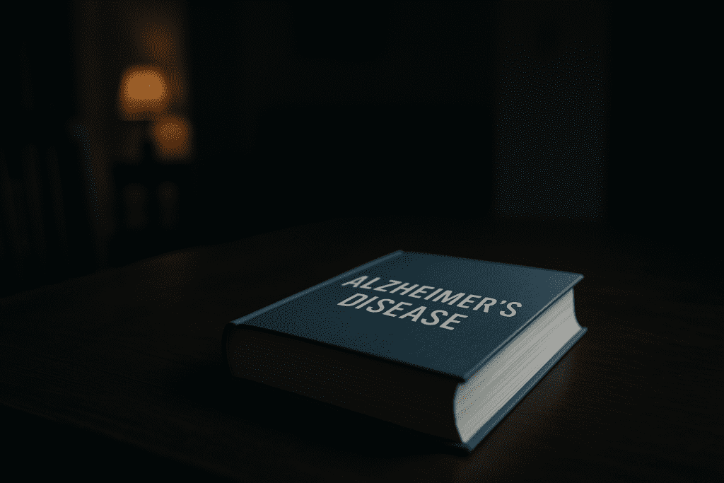A hardcover book titled “Alzheimer’s Disease” lies on a wooden table in a dimly lit room, with warm light from a distant lamp casting dramatic shadows across the surface. This symbolic scene emphasizes how dementia education resources can illuminate understanding and guide families through cognitive health challenges