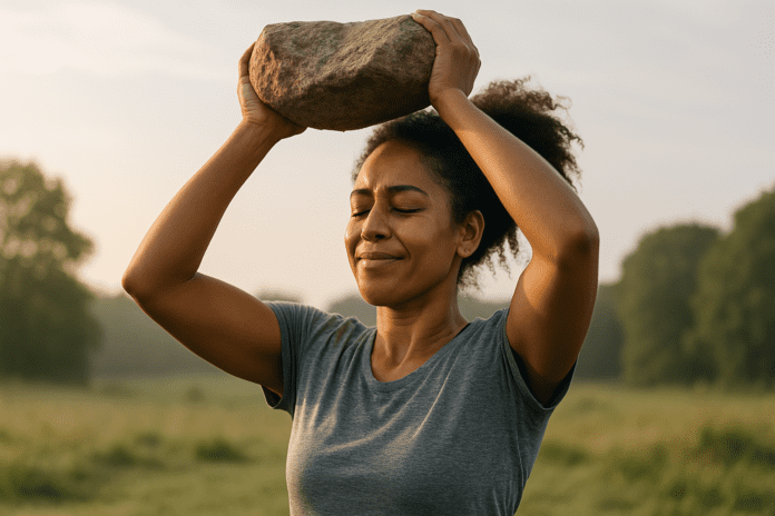 A young African-American woman stands in a green open field at sunrise, lifting a large rock above her head with her eyes closed and a peaceful expression, symbolizing emotional resilience and mental strength. The soft golden morning light enhances the serene outdoor setting, reinforcing the theme of overcoming challenges to improve mental health.