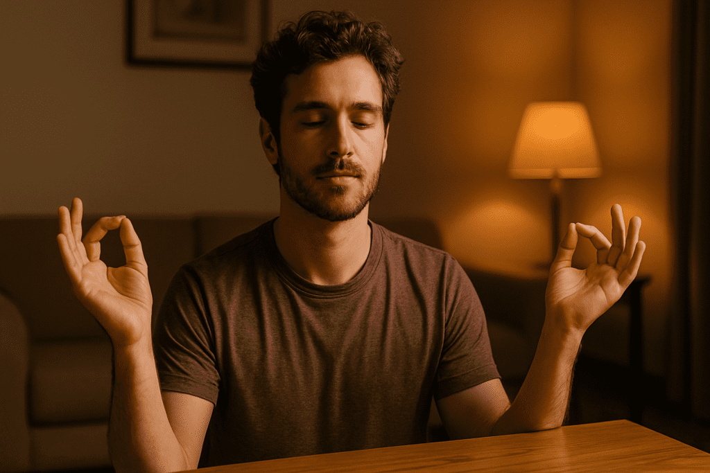 A young Caucasian man with wavy brown hair and a trimmed beard meditates at a wooden table in a softly lit room, seated calmly with hands in a Gyan Mudra pose. The warm ambient lighting and minimal indoor setting reflect emotional balance and the role of mindfulness in strengthening mental health and resilience.