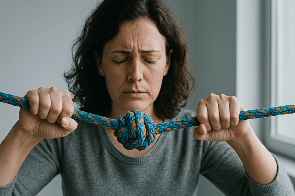 A woman in her 30s with shoulder-length dark hair concentrates on untangling a knotted blue and orange rope while seated indoors under cool clinical lighting. Her focused expression and tight grip reflect the emotional challenge and symbolic act of working through inner tension to enhance resilience and improve mental well-being.
