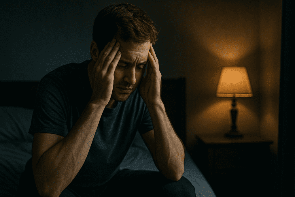A young light-skinned man with short brown hair sits on the edge of a bed in a dimly lit bedroom, holding his head in his hands with a distressed expression. The moody lighting and shadows from a softly glowing lamp create a contemplative atmosphere, visually representing the emotional toll of stress and the need for resilience to support mental well-being.