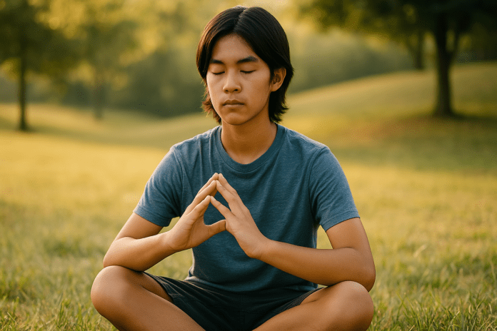 A young Asian male student sits cross-legged on the grass in a peaceful park setting, his eyes closed and hands forming a triangular shape, practicing a mindfulness exercise. Soft natural morning light enhances the calm outdoor atmosphere, highlighting resilience-building techniques for student mental health
