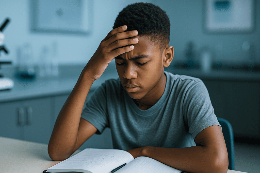 A teenage African-American boy rests his hand on his forehead while staring at an open notebook in a science classroom, surrounded by lab equipment. The cool clinical lighting and focused expression reflect the mental toll of academic stress and the need for emotional coping strategies.