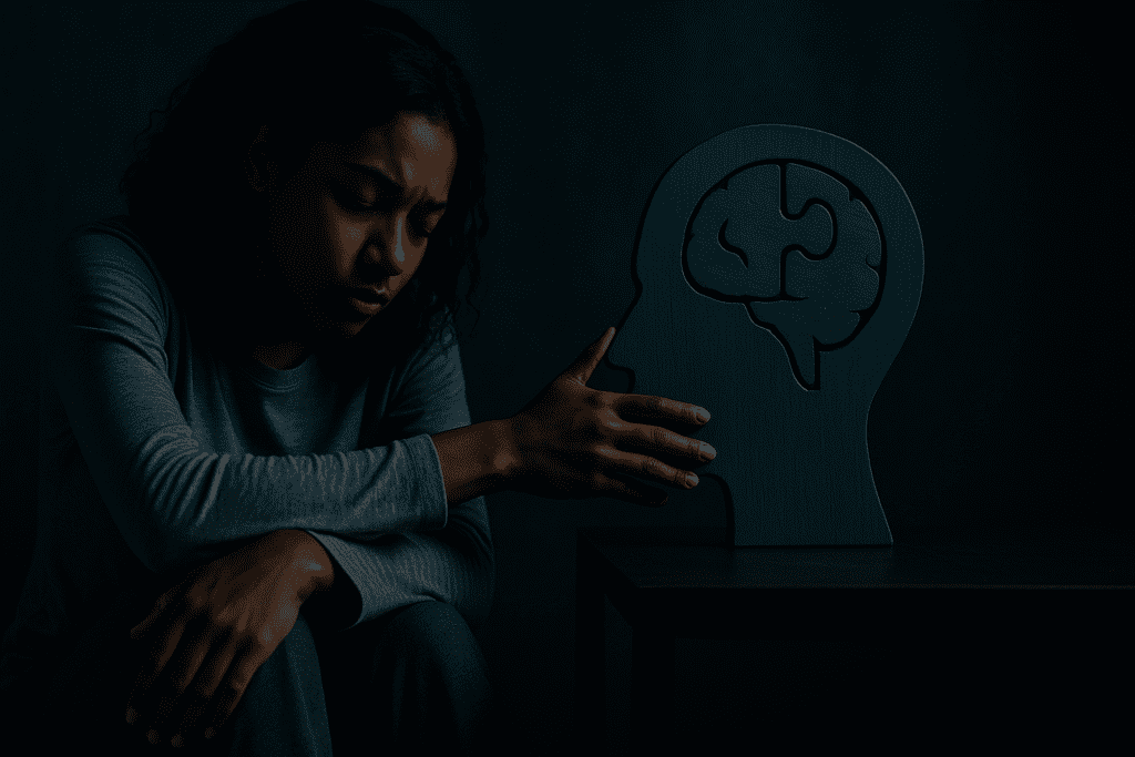 A young African-American woman sits on the floor in a dimly lit room, gently touching a teal wooden brain model with a puzzle piece, symbolizing mental health. Dramatic shadows and a contemplative mood convey the inner journey of building resilience and emotional strength.