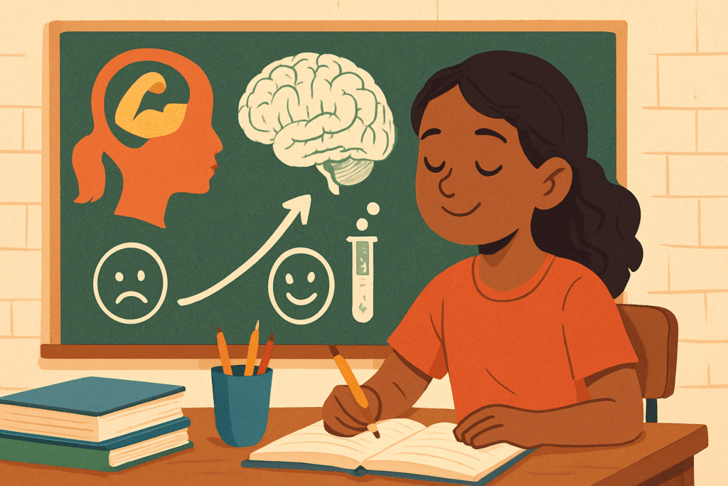 A colorful digital illustration of a young girl with dark skin sitting calmly at a desk in a classroom, writing in a notebook. Behind her, a chalkboard shows scientific diagrams including a brain, a test tube, and symbols representing emotional progress, visually representing how students learn emotional resilience through science-based strategies.
