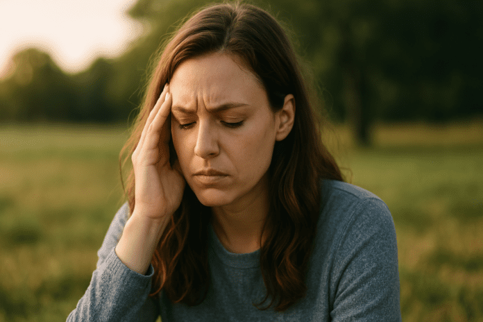 A photograph captures a young Caucasian woman with long brown hair sitting outdoors in soft natural morning light, her expression showing fatigue and mental strain as she touches her temple. The tranquil park setting symbolizes the emotional toll of COVID-related brain fog and memory issues, emphasizing post-COVID confusion in a natural environment.
