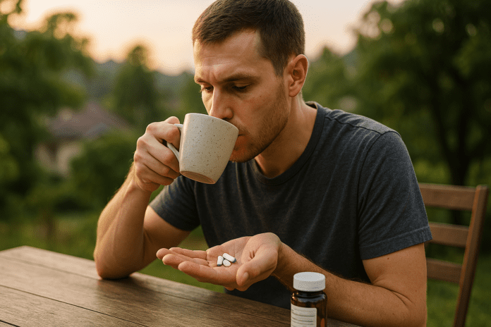 A young man sits outdoors at a wooden table in the soft natural morning light, holding a mug of coffee in one hand and several white capsules in the other. The peaceful natural background and warm glow highlight a moment of focus and contemplation, visually emphasizing the role of caffeine and L-theanine pills for brain longevity and enhanced mental clarity.