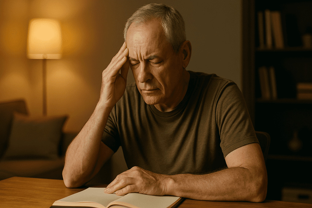 A photograph captures an older Caucasian man sitting at a wooden table under warm indoor ambient lighting, his expression pained as he rubs his temple while looking at an open notebook. The cozy living room setting visually reflects the struggle with COVID-related memory loss and the challenges of cognitive clarity post-infection.