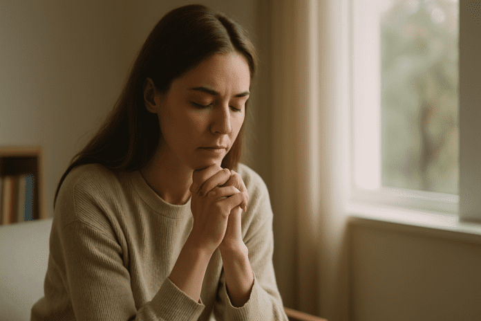 A young woman sits quietly by a window, eyes closed and hands clasped in reflection, in a softly lit therapy room with neutral decor.