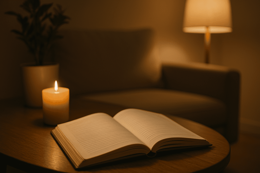 An open journal rests on a wooden coffee table beside a lit candle and potted plant in a dimly lit living room, evoking a calm, reflective mood.