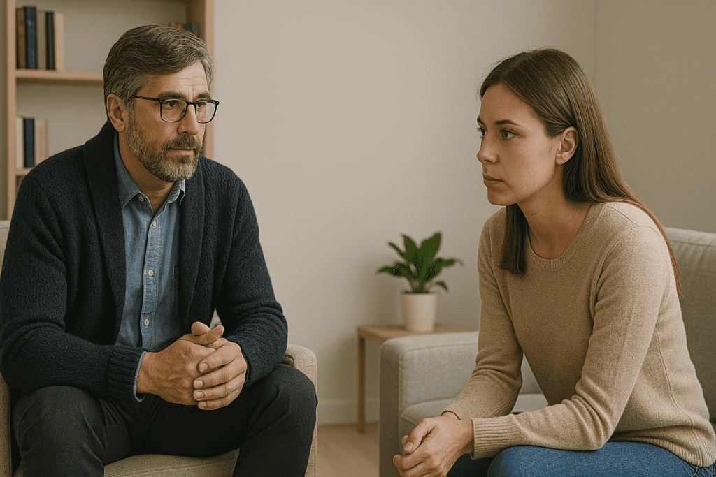 A therapist and client sit across from each other in a calm, modern office. The bearded male therapist listens attentively as the young woman speaks, both seated in neutral-toned chairs with soft lighting and minimal decor.