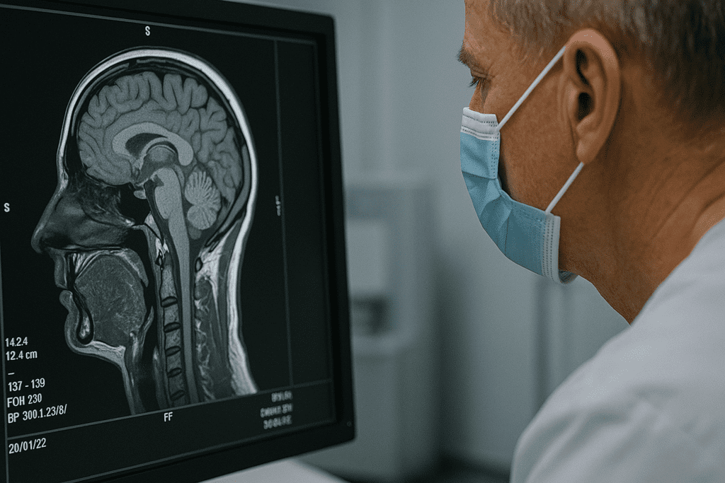 A digital photograph shows a magnetic resonance imaging (MRI) scan of a human brain on a medical monitor, viewed by a masked male healthcare professional under cool clinical lighting. The clear visualization of brain structures underscores the scientific effort to understand COVID’s impact on neurological health and brain fog symptoms.