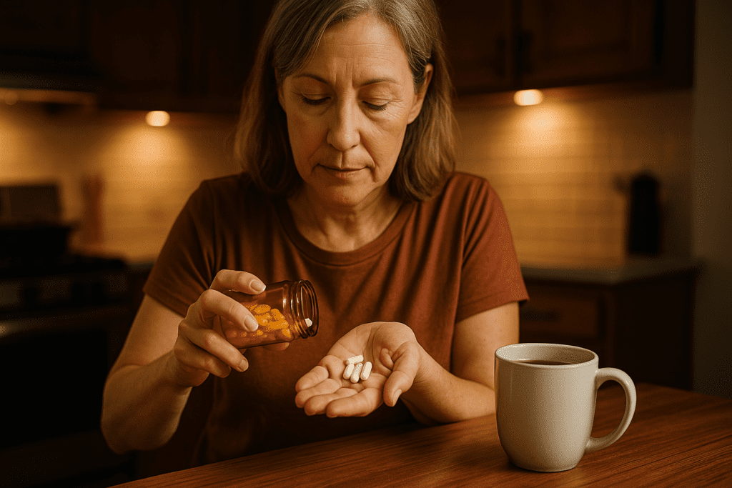 A middle-aged woman prepares to take several white capsules from a supplement bottle while sitting in a warmly lit kitchen, with a mug of coffee nearby. The cozy indoor setting and ambient lighting highlight the personal ritual of using caffeine and L-theanine for focus and cognitive support in daily life.