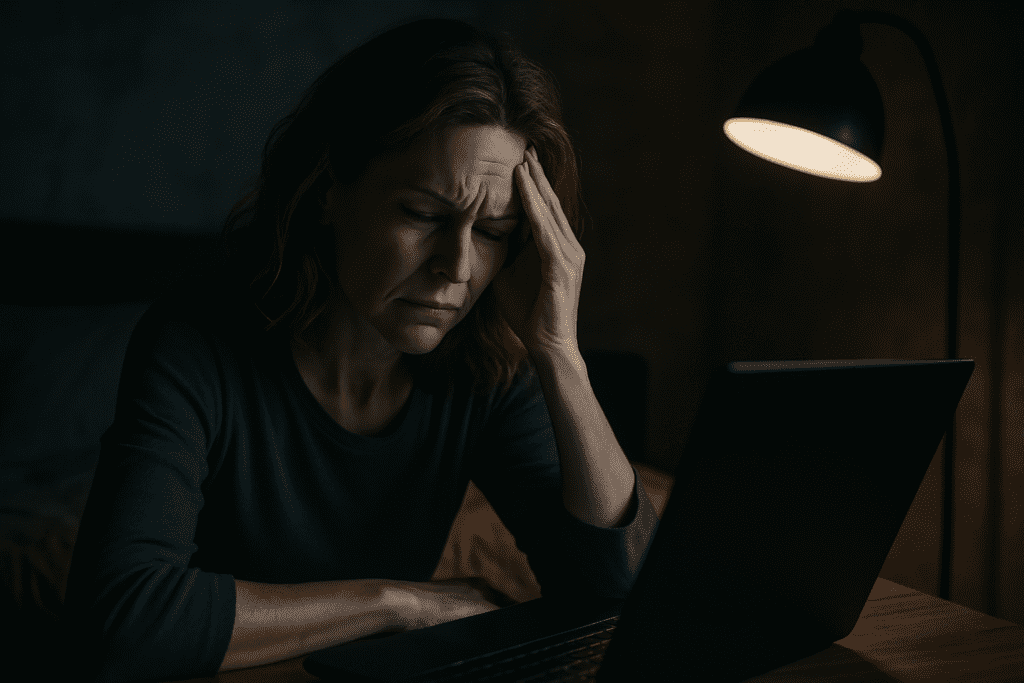 A photograph captures a middle-aged Caucasian woman in a dimly lit room, resting her head in her hand while staring at a laptop screen, visibly struggling with concentration. The dramatic lighting and shadowy environment illustrate the mental fatigue and cognitive challenges associated with long COVID brain fog.