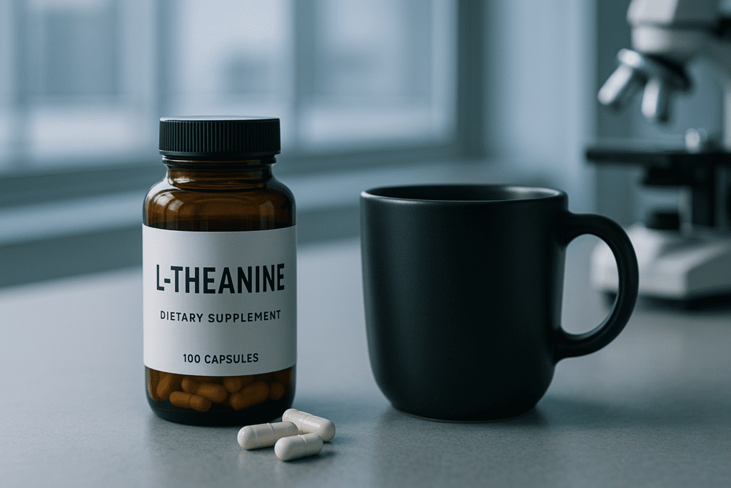 A sleek amber bottle labeled “L-Theanine Dietary Supplement” stands beside a black coffee mug on a clinical lab countertop, under cool-toned lighting. The minimalist composition and scientific background reinforce the focus on combining caffeine and L-theanine for brain longevity and enhanced cognitive performance.